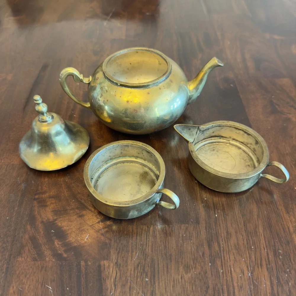 Vintage Brass Stacking Tea Set 4 Piece Teapot Creamer Sugar Bell Lid India Style